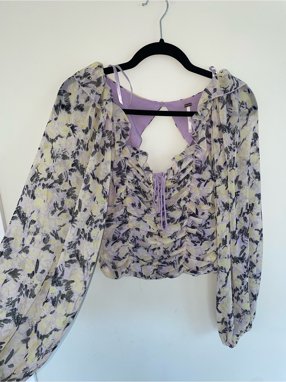 Free People Lavender Floral Ruffle Tie Blouse
